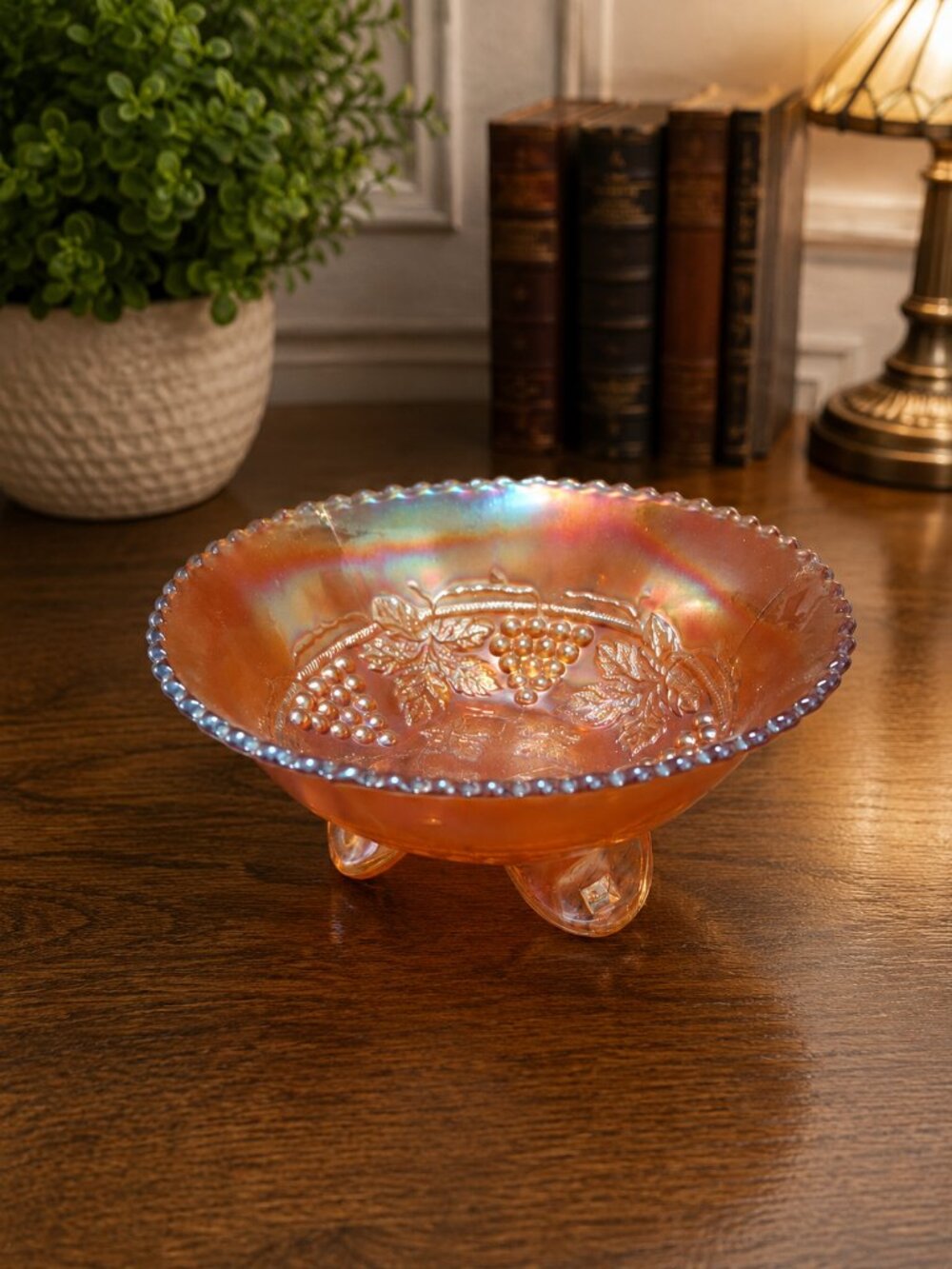 Antique 1910s Fenton "Grape & Cable" Marigold Carnival Glass Footed Bowl